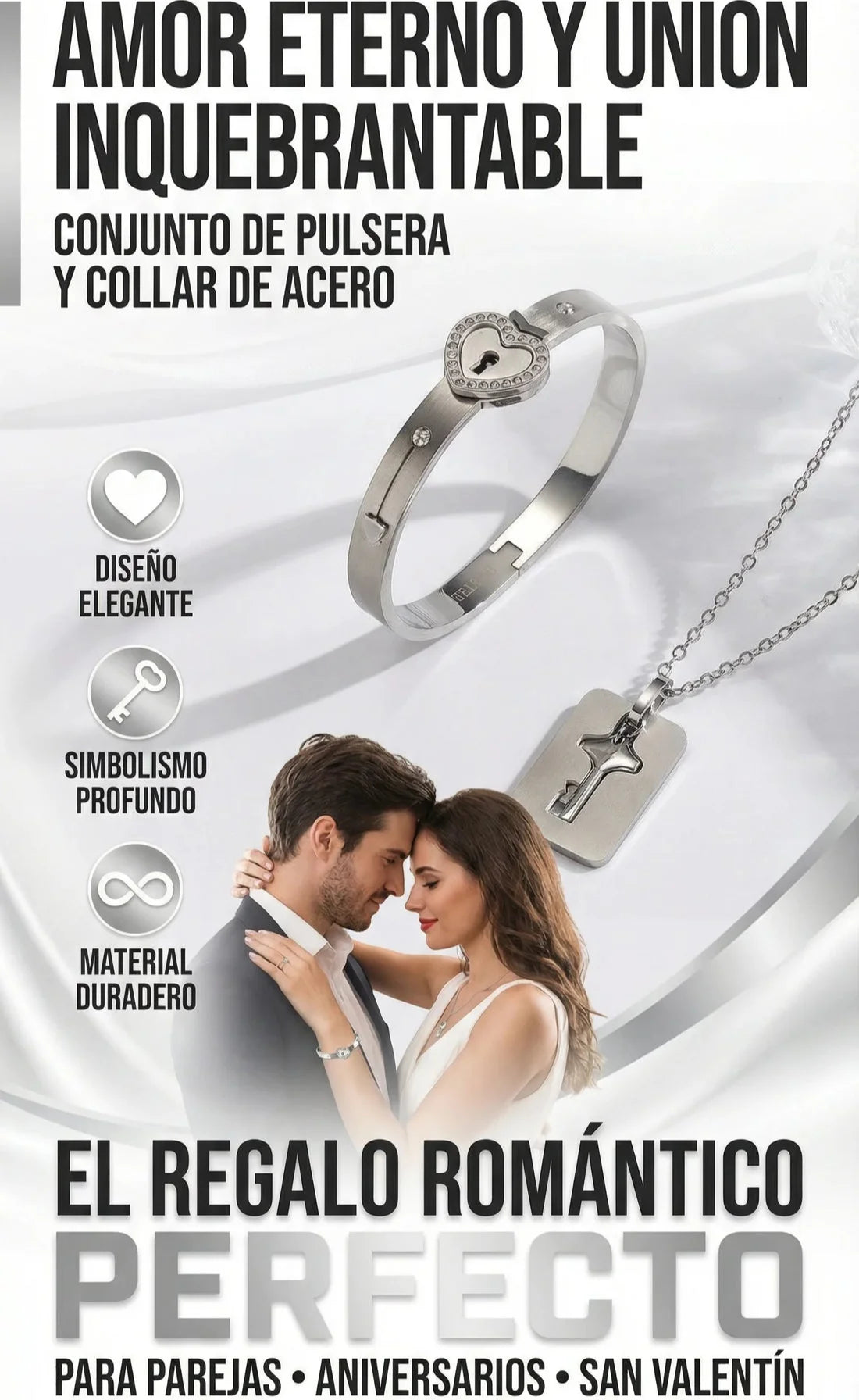 Set Candado de Amor en Acero Platinum Real + Empaque de Lujo